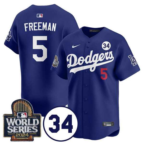 Men%27s Los Angeles Dodgers #5 Freddie Freeman Royal 2024 World Series With No. 34 Patch Cool Base Stitched Jersey Dzhi